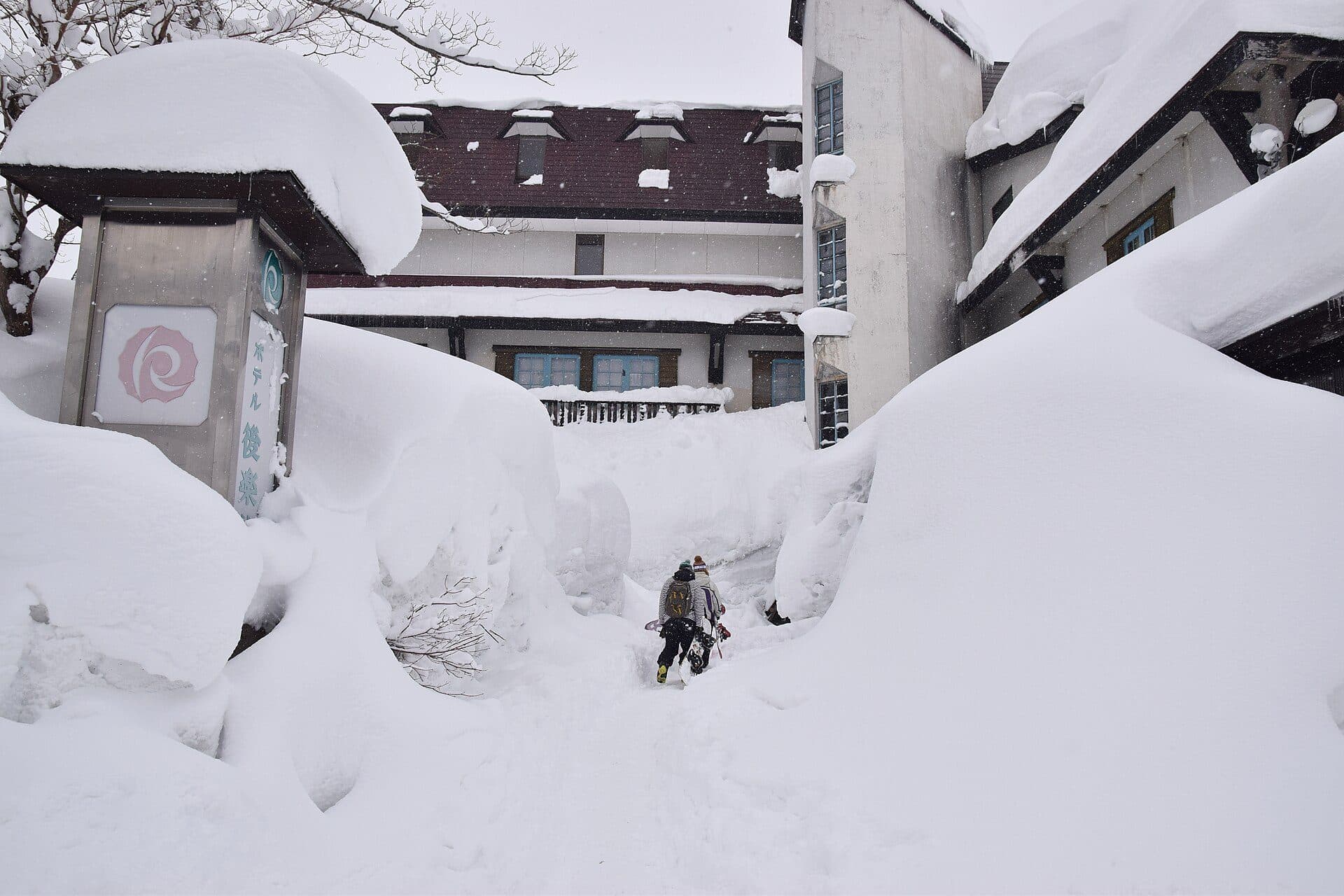 Deep snow along a lane in Akakura Onsen village in February
