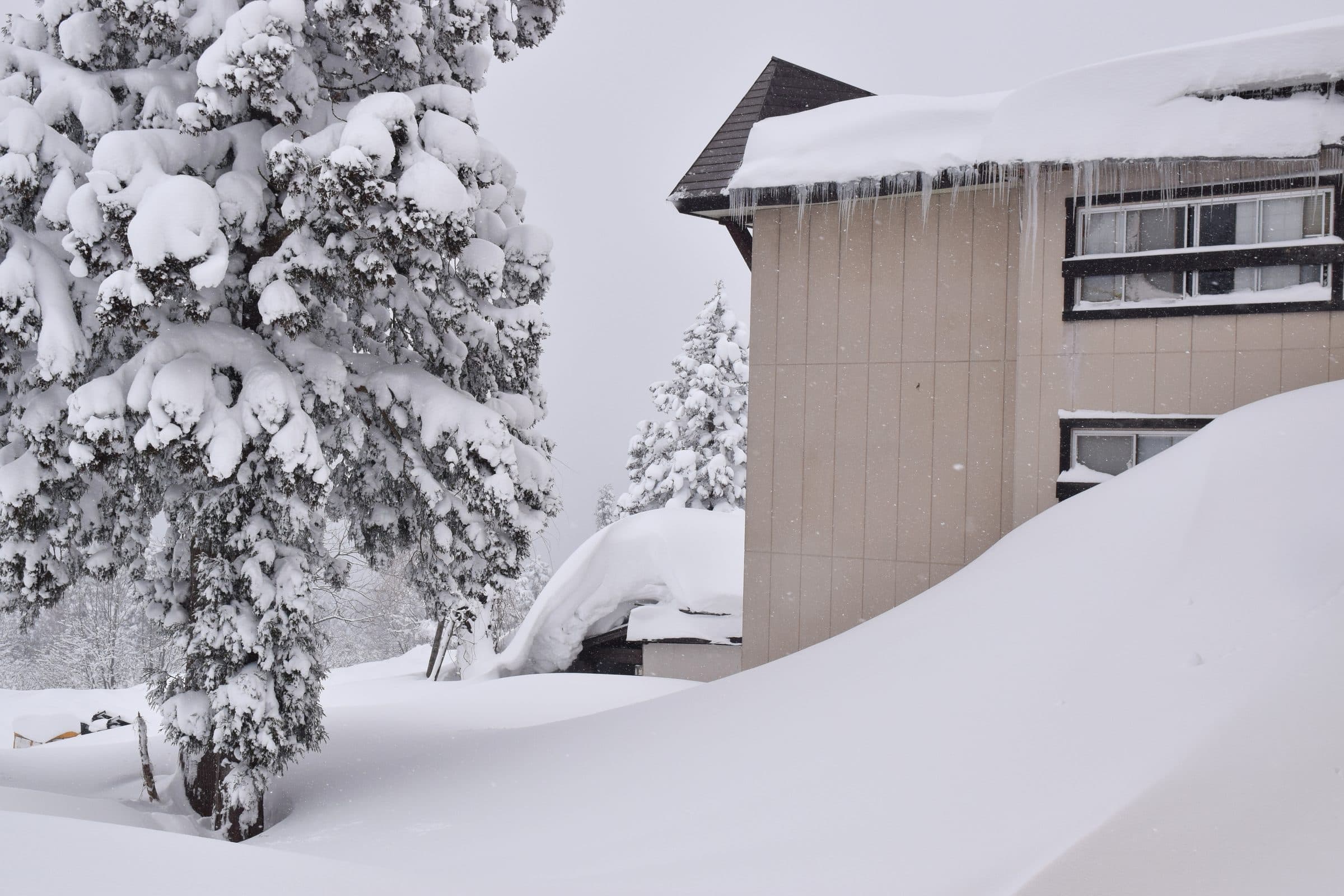 Deep snow piled between buildings in Akakura Onsen in February